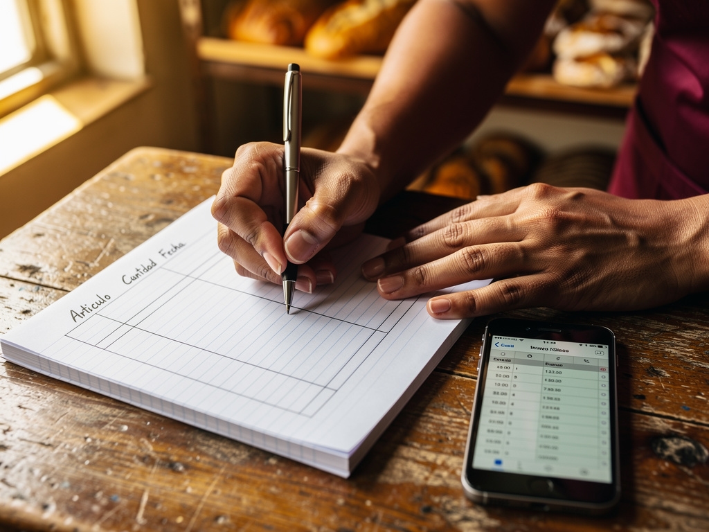 Sistema de control de inventario en libreta con anotaciones claras