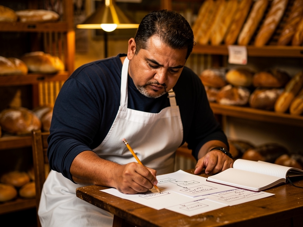 Dueño de panadería realizando ejercicio de mapeo de proceso en taller